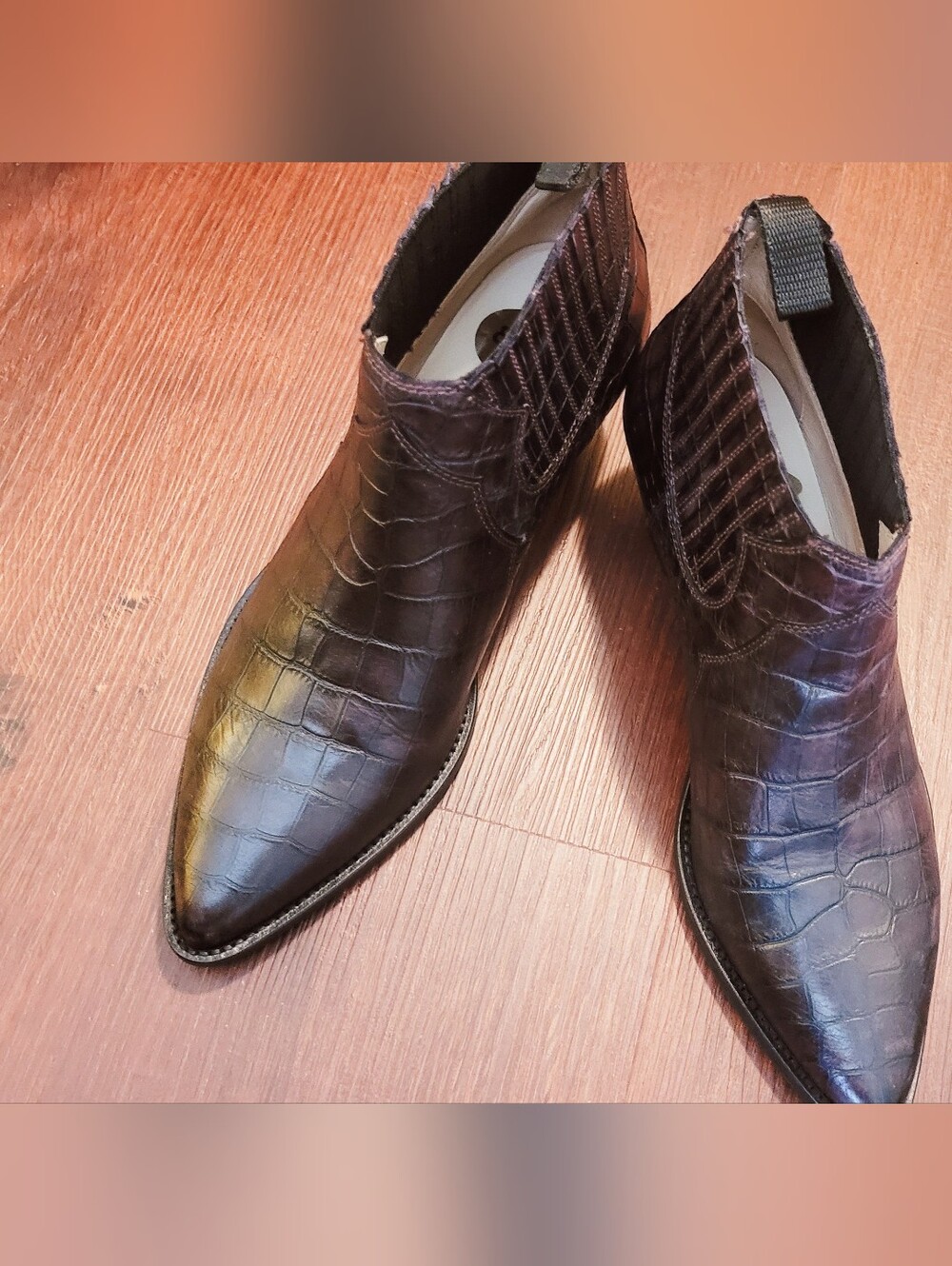 Women's Black and Purple Croc-Embossed Leather Chelsea Boots